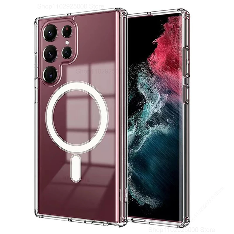 حافظة مغناطيسية Magsafe لهاتف سامسونج جالاكسي S25 S24 S23 S22 Ultra Plus S 25 24 23 S25Ultra شحن لاسلكي غطاء شفاف مقاوم للصدمات