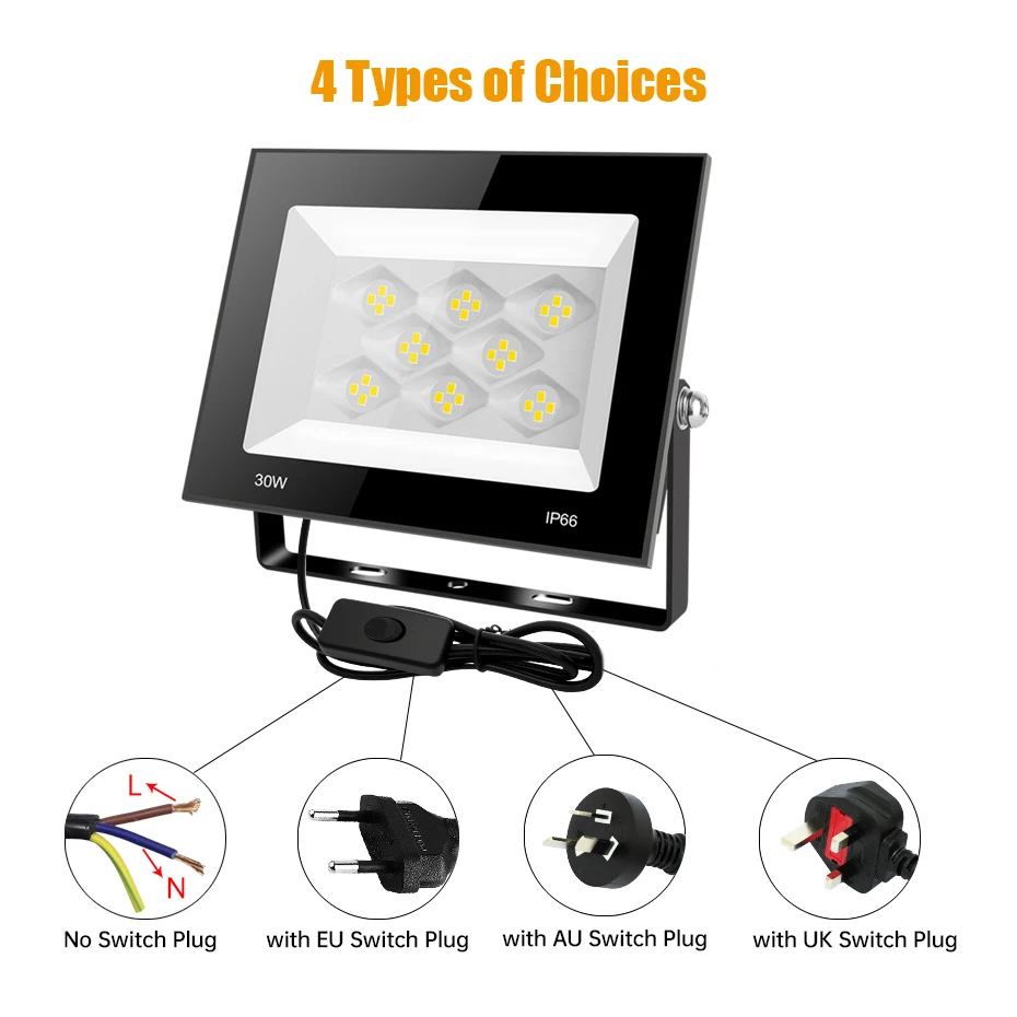 Waterproof IP66 LED Floodlight 30W 60W 100W AC220V Outdoor Spotlight Street Lamp Cold White with ON/OFF Switch EU/AU/UK Plug
