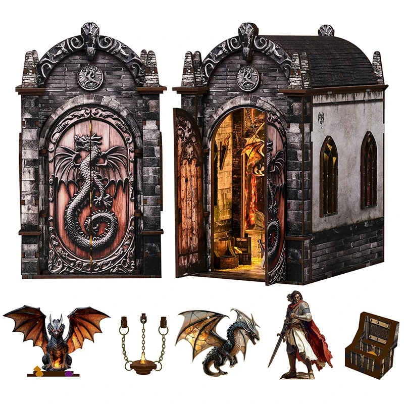 Figuras de madera DIY para rincón de lectura, miniaturas de dragones, laberinto del tesoro, sujetalibros para regalos de cumpleaños de amigos, decoración del hogar, manualidades