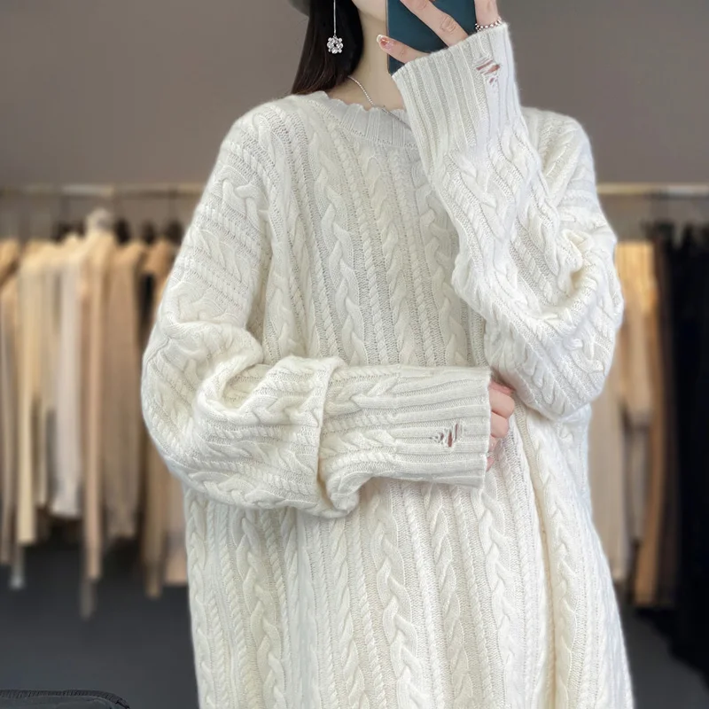 New loose and languid cashmere sweater Women's round neck pullover sweater Twisted thickened 100% pure wool casual sweater