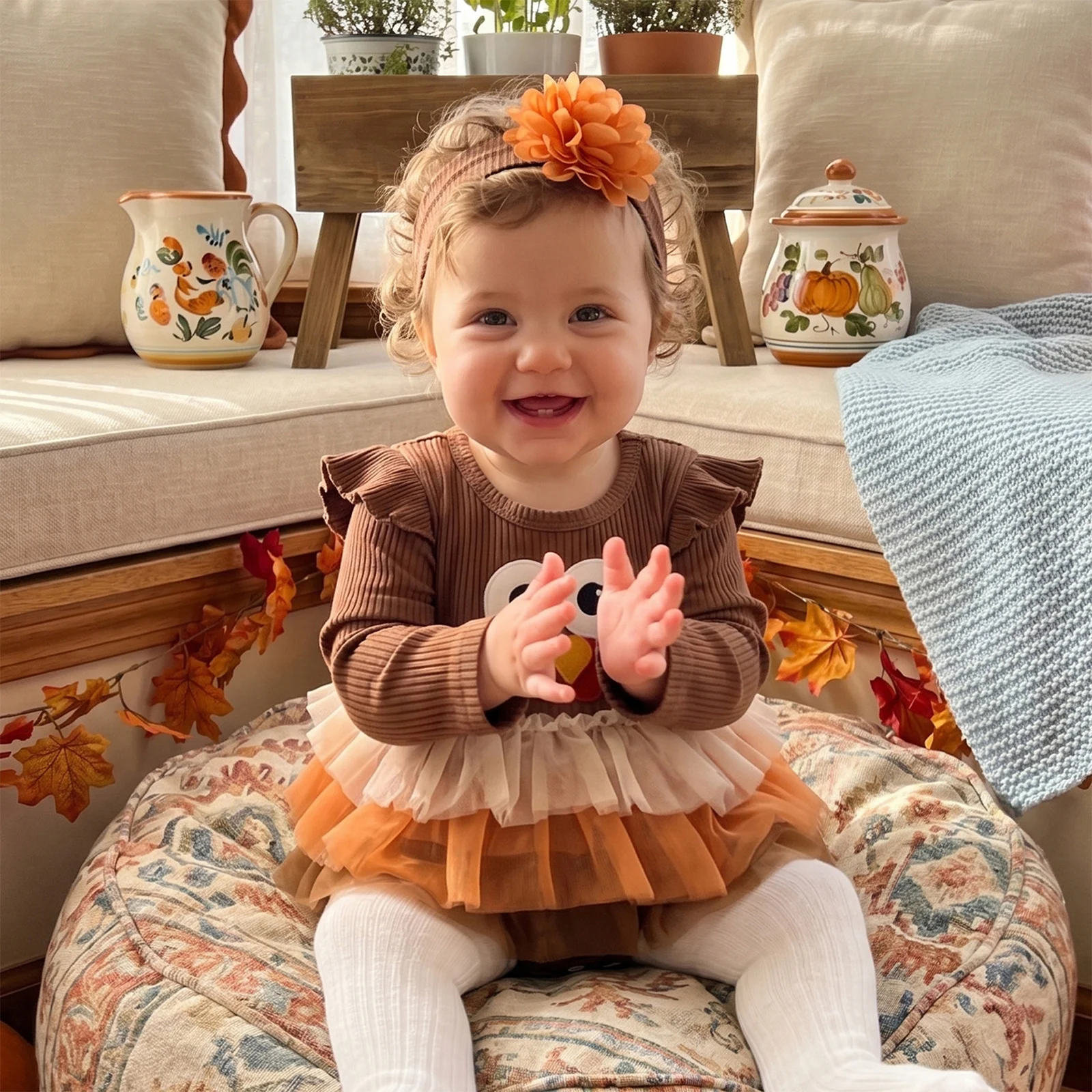 Baby Girls Thanksgiving Outfits Long Sleeve Turkey Romper with Headband