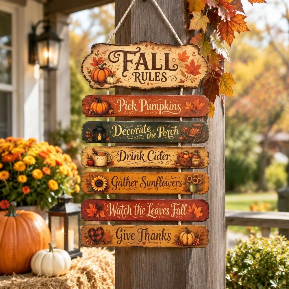 2D Flat Autumn Harvest Sign Halloween Decorative Fall Rules Wood Plaque Wall Art Thanksgiving Pumpkin Maple Hanging Decor