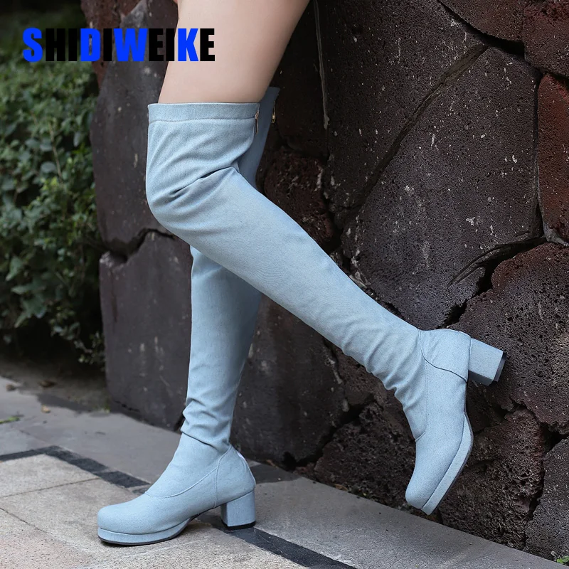 

SDWK 5CM Autumn Winter New Arrivals Warm Blue Denim Over-the-Knee Boots Stiletto Heel Round Toe Zipper Women's Shoes AD4523