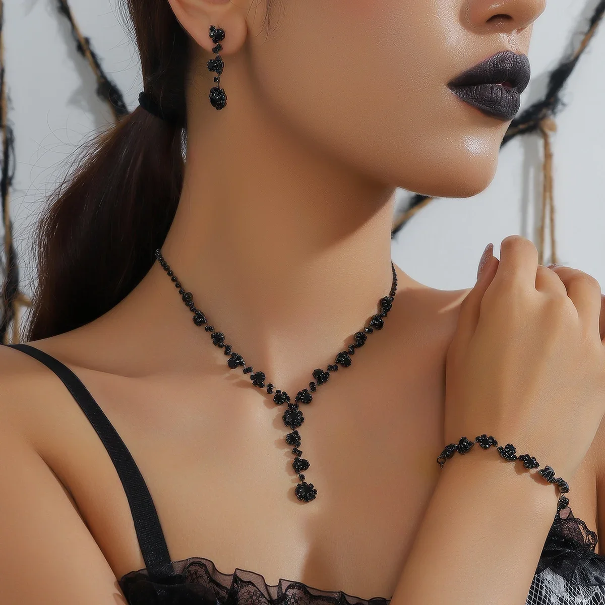 

Black Rhinestone Tassel Necklace Earrings Drop Necklace Earrings Set Jewelry Set for Women Wedding Prom Party Gift