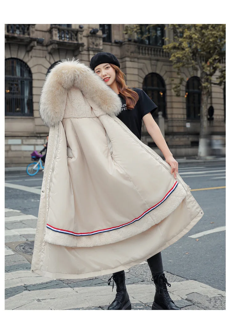 Women Hooded Parkas Coats Long Jackets Solid Detachable Big Fur Lenth Collar Zipper Drawstring Slim Fit Thick Casual 2025 Winter