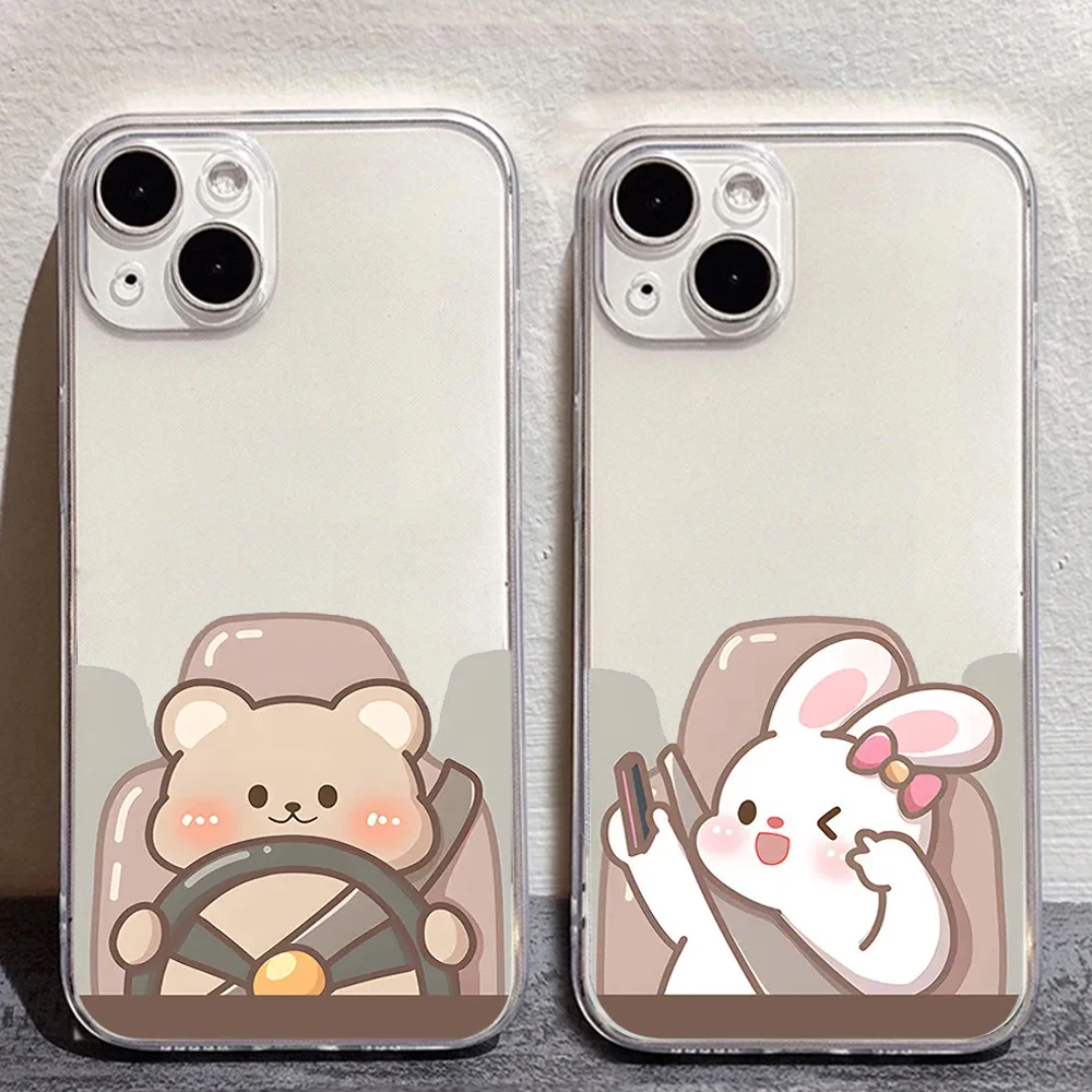 

Cartoon Peach Mochi Couple Phone Case For iPhone 15 14 13 12 11 Pro MAX Mini X XS XR 7 8 Plus Coques Rabbit Bear Paired Cover