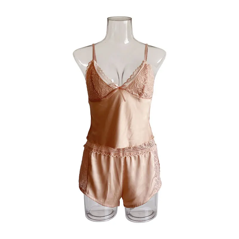 2026 New Hot Selling Sexy Lace Patchwork Imitation Silk Suspender and Shorts Two-piece Set