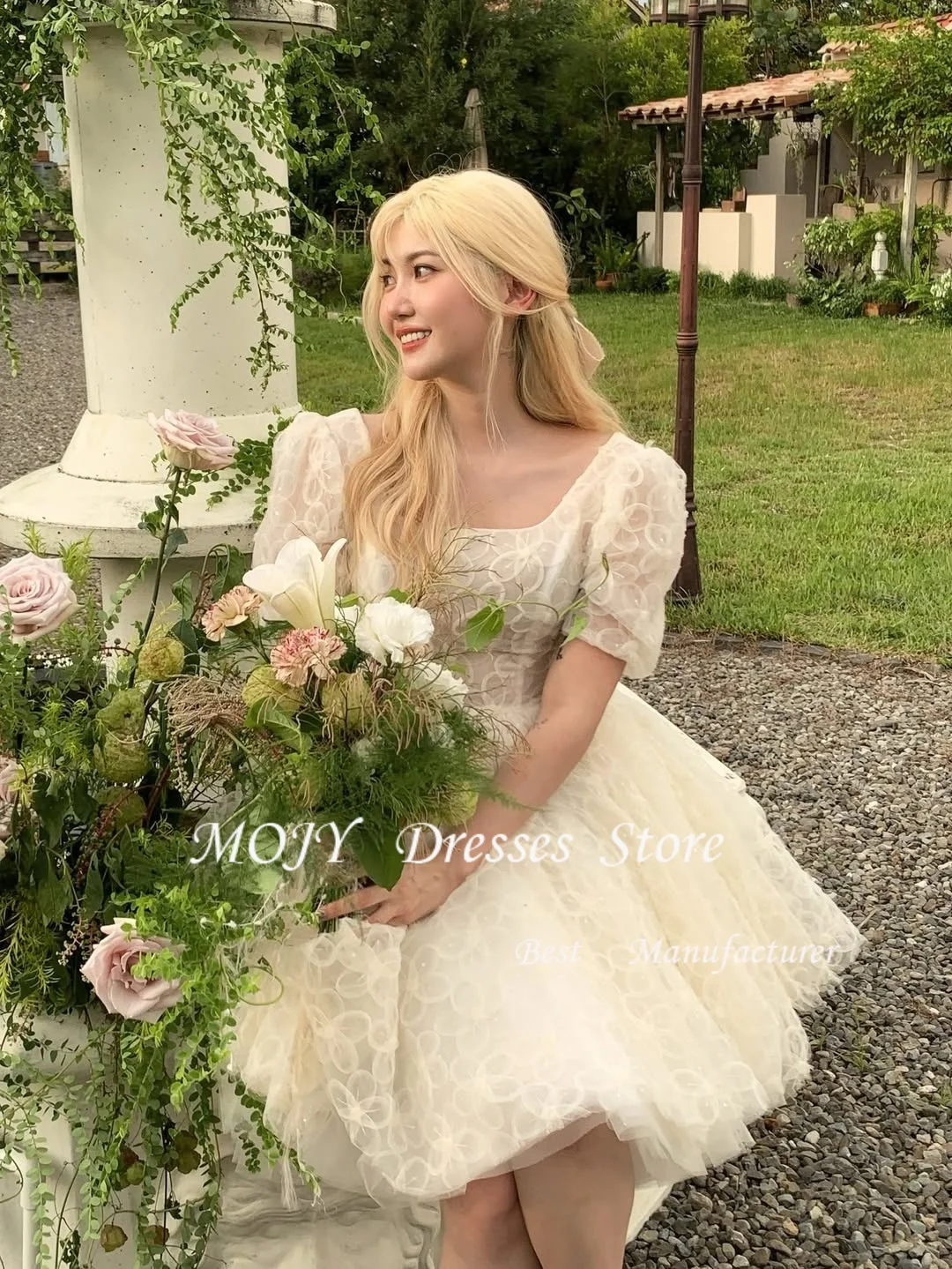 Mojy gola quadrada mini linha a vestidos de baile curtos de tule de seda ̄tzo Personalizza espartilho nas costas vestido de casamento coreano sessão de fotos