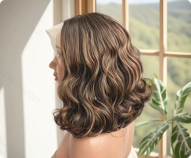 Blonde Highlights Caramel Brown Synthetic Wig with Bouncy Waves Natural Black Roots Hair Loss Alopecia Glueless Bob Lace Front W