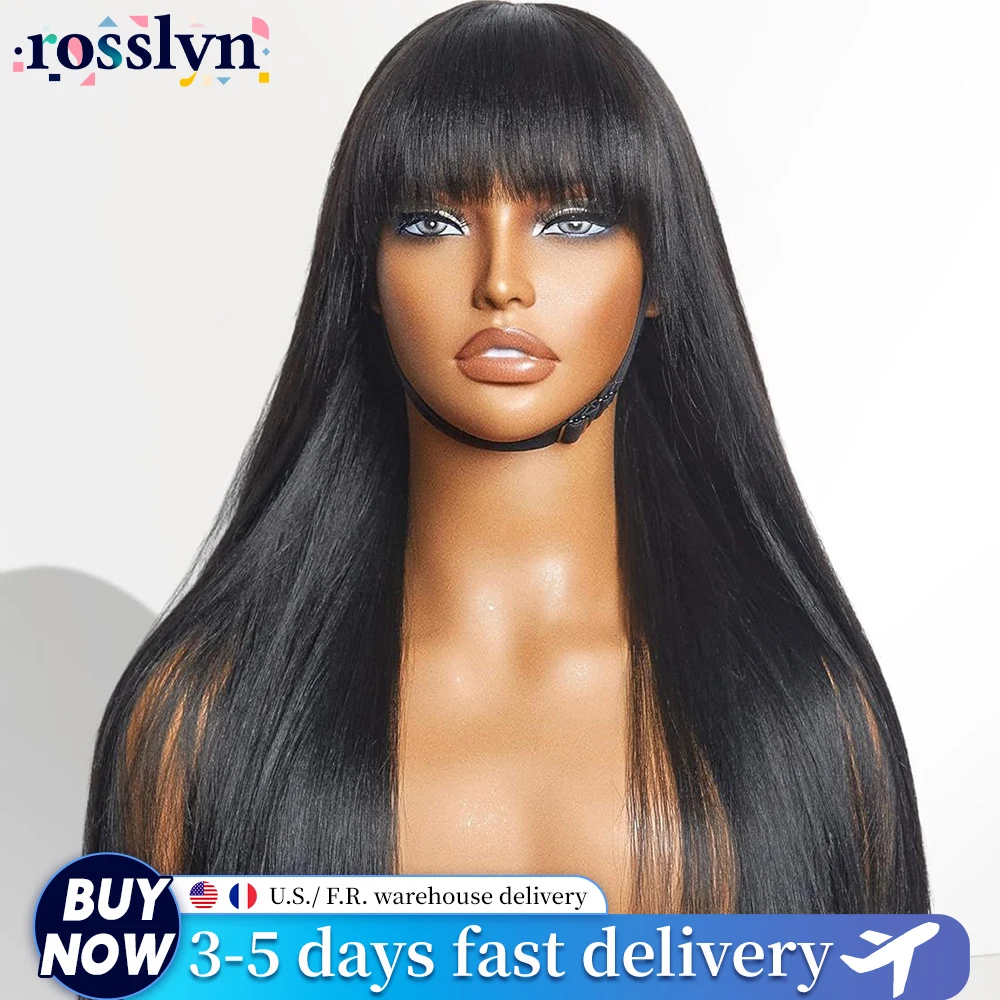 

3x1 Lace Middle Part Bone Straight Human Hair Wig With Bang Natural Black Color For Women 30 Inch Full Machine Made Wig 200 Density