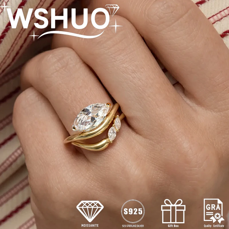 

WSHUO 2CT D Color Marquise Cut Moissanite Ring 18K Gold Plated 100% S925 Silver Stackable Wedding Band for Women Fine Jewelry