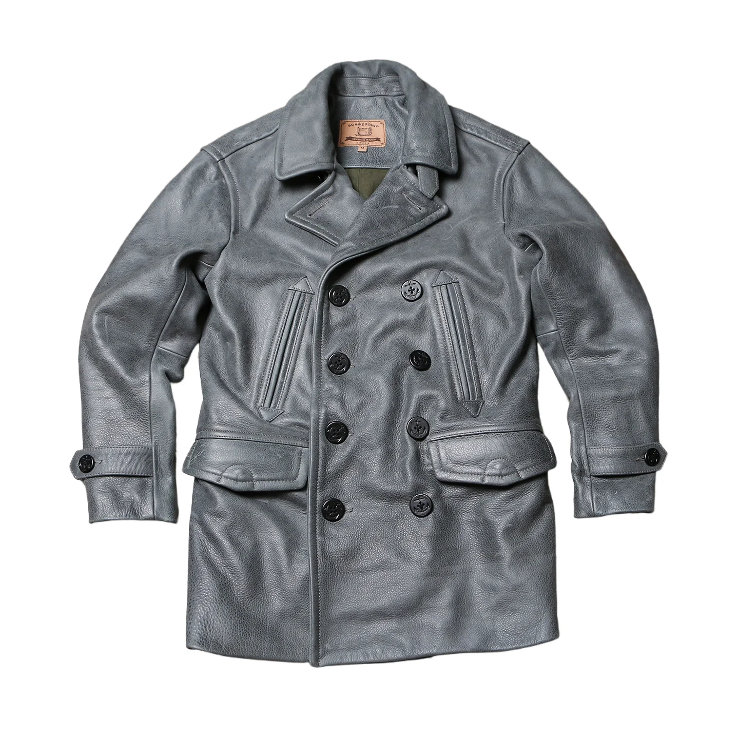 

Голубая серая длинная зимняя кожаная куртка для мужчин в стиле ретро, винтажный стиль, большие размеры 5XL, двубортный пиджак из натуральной яловой кожи 740