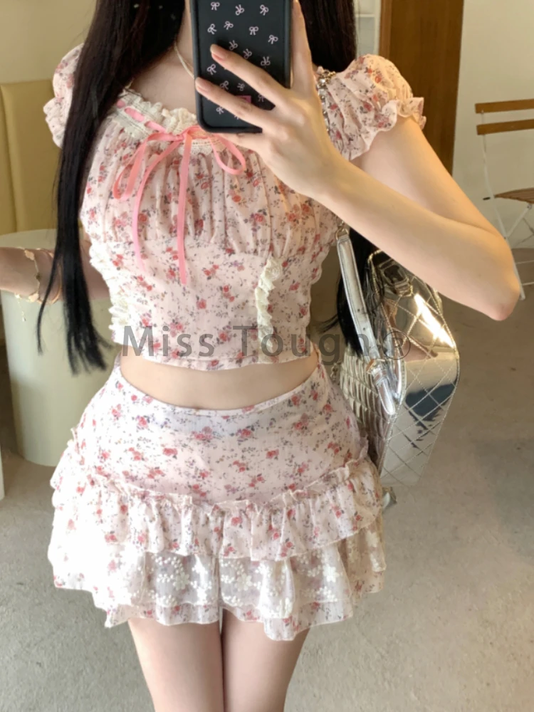 Summer Sweet Print Slim Lace 2 Piece Set Women Fashion Off Shoulder Short Sleeve Dress Female Elegant Skinny A Line Dresses New