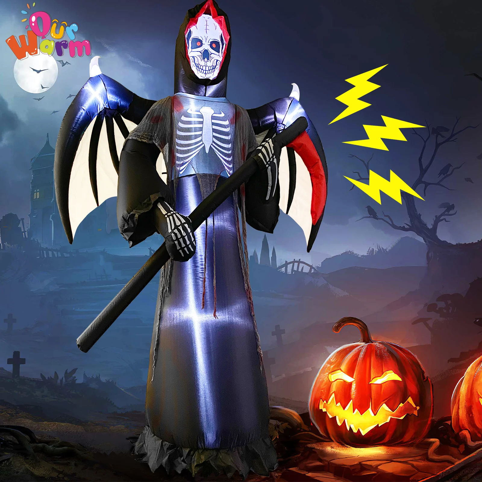 OurWarm 8FT Halloween Inflatable Grim Reaper Decorations with Radar Sound Control Blow Up Halloween Decor for Outdoor Lawn Party