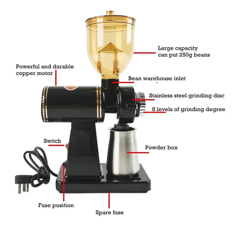 220V Electric Coffee Grinder Stainless Steel Coffee Beans Grinder Automatic Detachable 8 File Adjustable Plane Burr Grinder