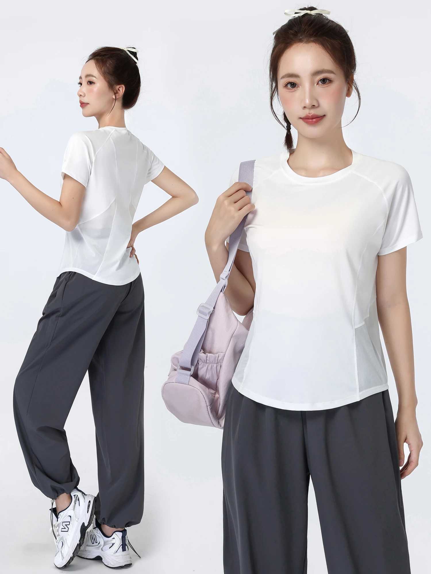 

Женский комплект для бега и фитнеса: дышащий, быстросохнущий, свободный крой, для утренних пробежек, с брюками с высокой талией и топом с круглым вырезом