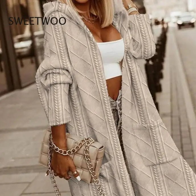 Womens Hooded Cable Knit Trench Coat 2025 Autumn Winter Mid-Length European American Fashion Outerwear