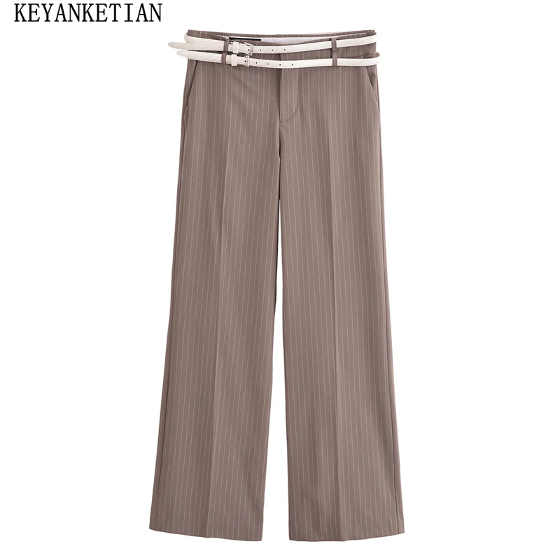 

KEYANKETIAN 2025 Spring New Women's Striped straight-leg pants Leisure style With Belt Slim Zipper Low waist Long Trousers