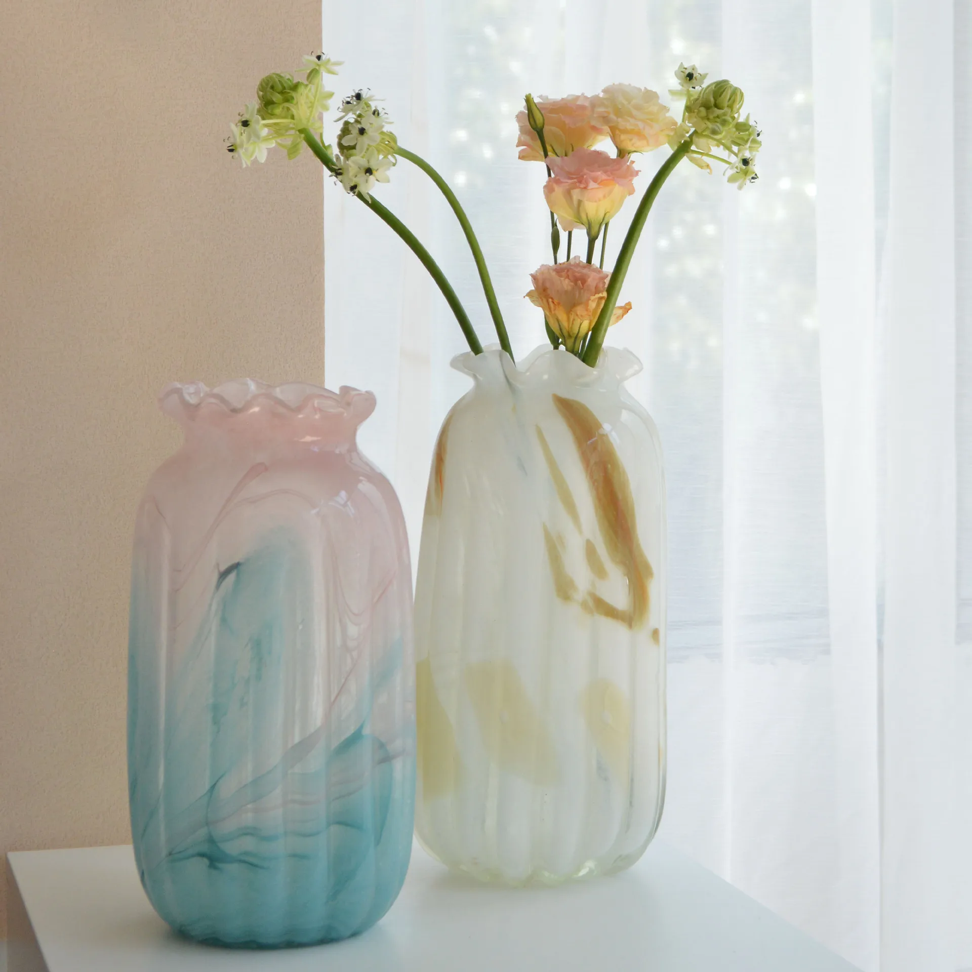 Vase Light Luxury Senior Sense Pink Blue Ink Glass Vase Living Room Flower Arrangement Water Vase Delicate High Appearance Level