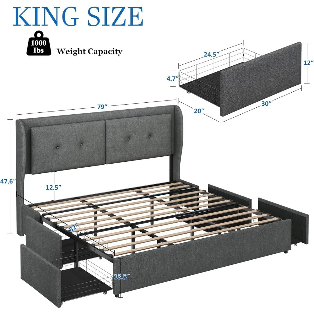 King Size Bed Frame with Storage, LED King Bed Frame and Wingback Headboard, Upholstered Platform Bed Frame with Drawers