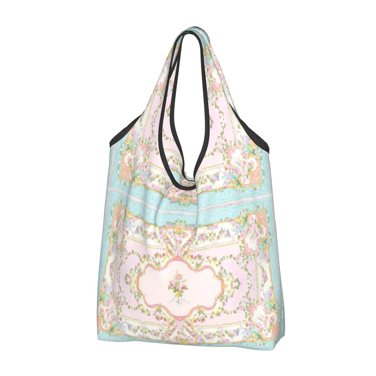 French Rococo Floral Watercolor Panel Portable Tote Shopping Bags Reusable Shopper Bag Grocery Handbag Shoulder Bag