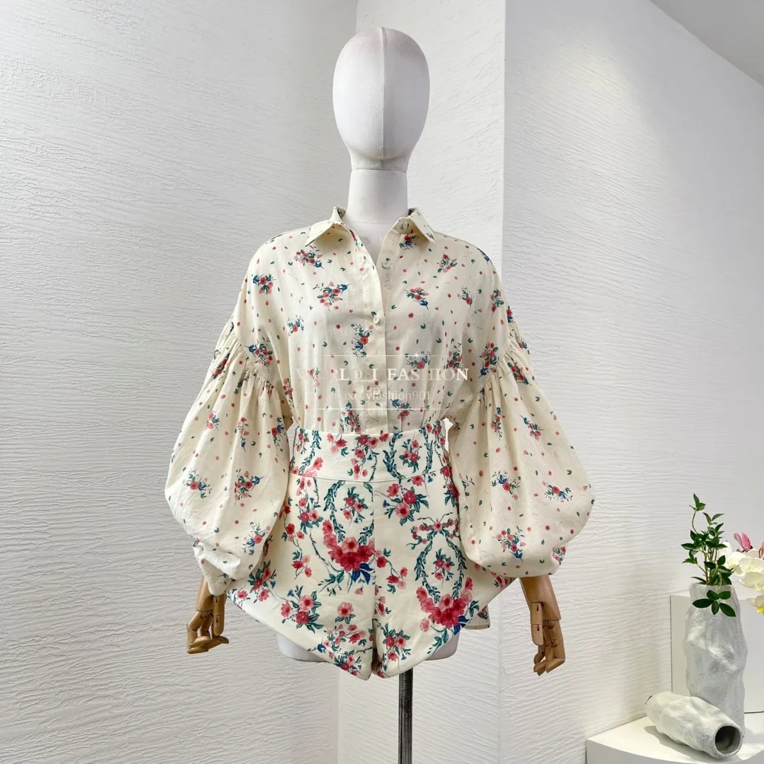 

Женская бежевая блузка с длинными рукавами и рукавами-фонариками с цветочным принтом, комплект из топа и шорт, новинка 2023 года