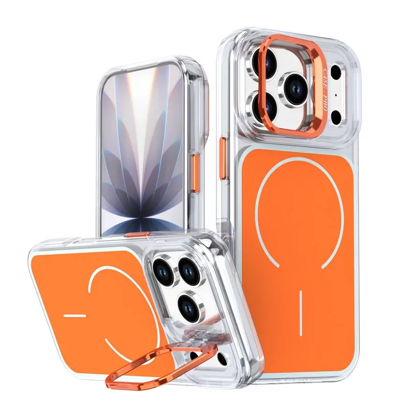 

Solid Color Phone Case for iPhone Air 17 16e 15 14 Plus 13 12 Pro Max with Back Lens Stand and Support Magnetic Charging