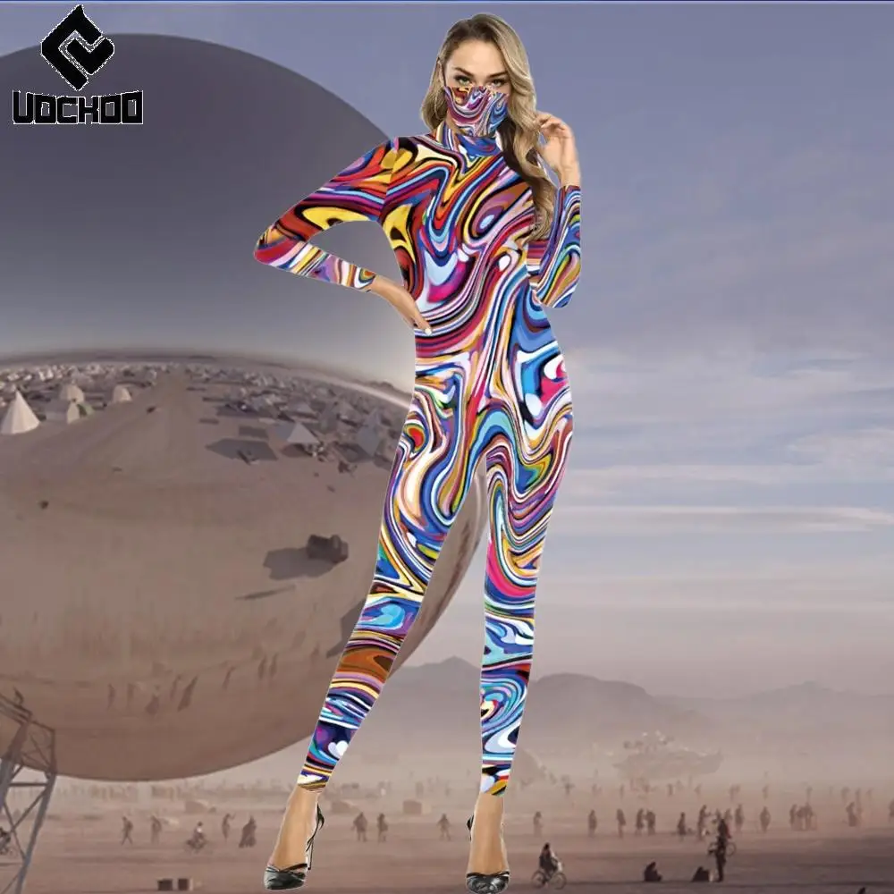 

Fashion Punk Jumpsuit Colorful Graffiti Printing Bodysuit Dazzling Colourful Body Show Clothes Carnival Party Coverall Costume