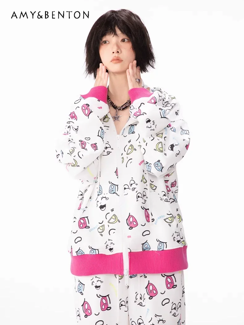 Japanese Kaomoji Full Print Cute Casual Hooded Sweater Two-piece Set Spring New Cute Oversized Hoodies Jogger Pants Y2K Outfits