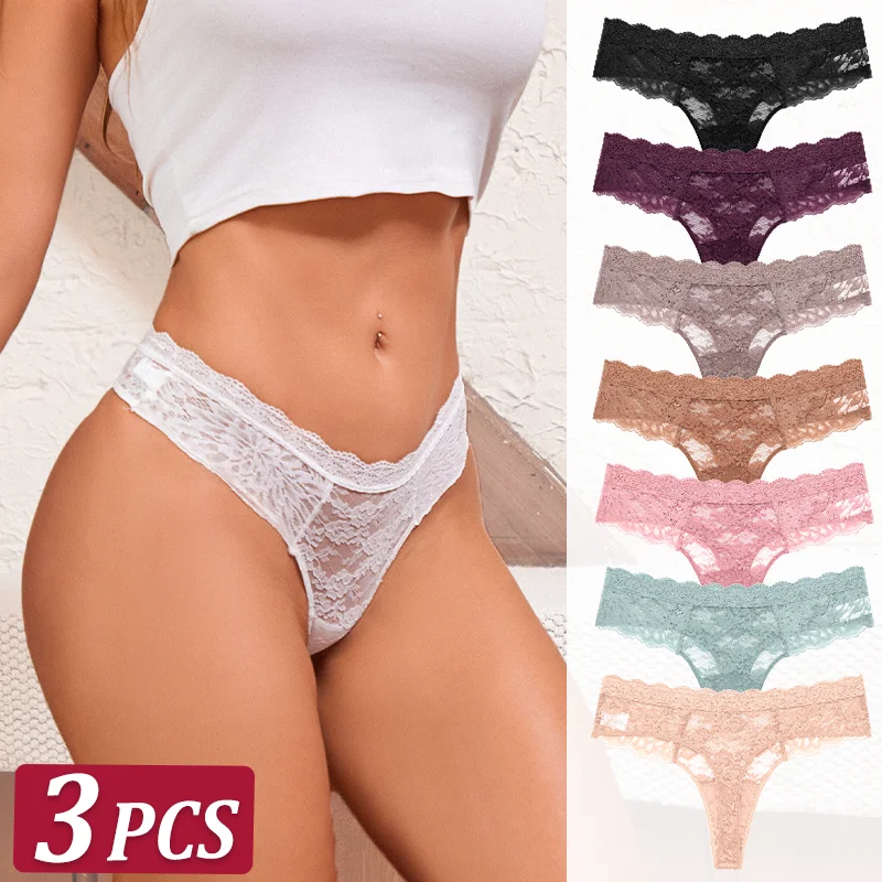 Strings sexy en dentelle pour femmes, slips taille basse, sous-vêtements doux pour dames, caleçons floraux, culottes florales, lingerie féminine, 3 pièces