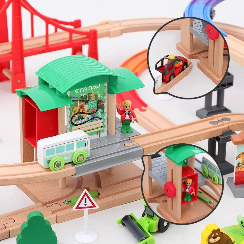 Wooden Train Track Set Tourist Attraction Colorful Multi-layer Structure Compatible with All Brands Wooden Railway Tracks Toys