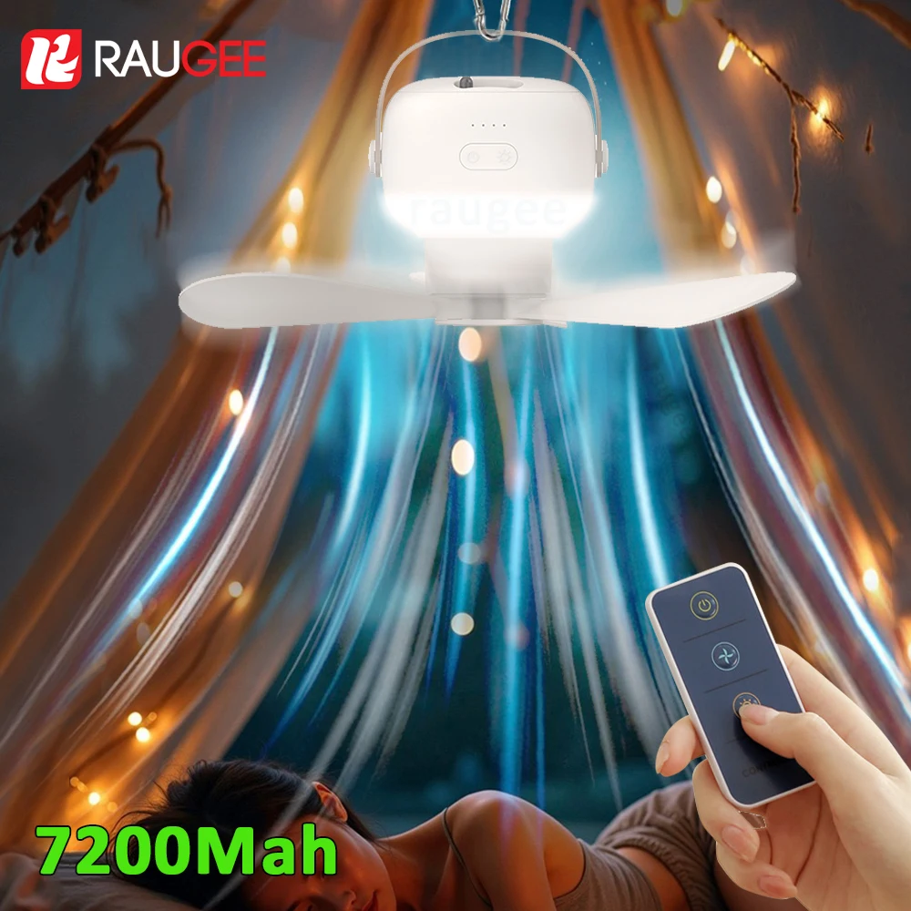 

7200 мАч Потолочный вентилятор для кемпинга Портативный уличный вентилятор для палатки с дистанционным управлением и светом Циркулятор воздуха для кемпинга Мини-настольный вентилятор