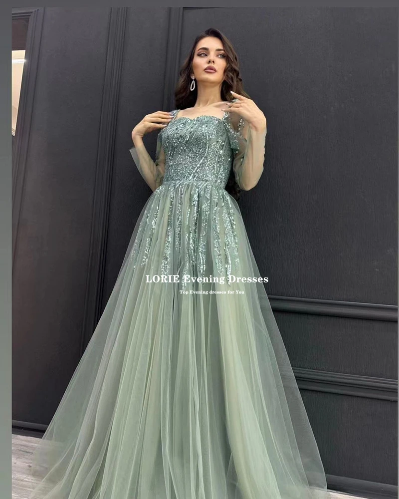 LORIE Mint Green Tulle Evening Dresses Charming Lace Appliques Party Dress 2023 A-line Cap Sleeves Formal Occasion Prom Gowns