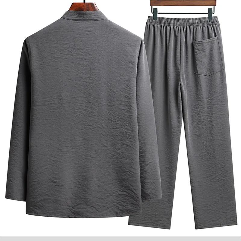Men's Chinese Traditional Hanfu Clothing Set Kung Fu Shirt with Buckle Oriental Retro Top Pants Cotton Hemp Tai Chi Uniform