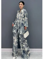 Vefadisa 2024 Summer New Women Vintage Printed Set Lapel Long Sleeved Shirt Loose Wide-leg Pant Set Fashion Casua Suit ZXY638A