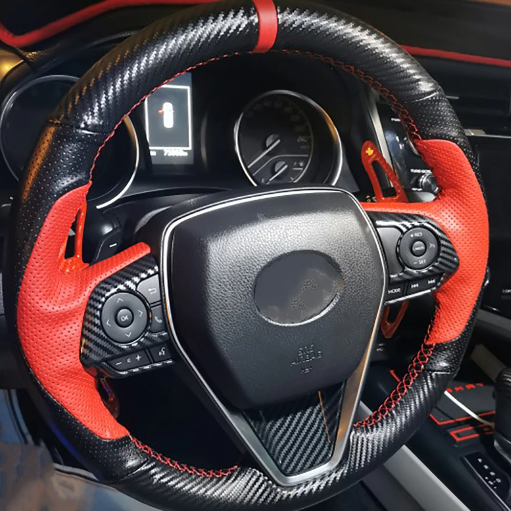 Panel kierownicy samochodu z włókna węglowego, przycisk multimedialny, cekinowa osłona do Toyota Camry, 2018 2019 2020 akcesoria do wnętrza