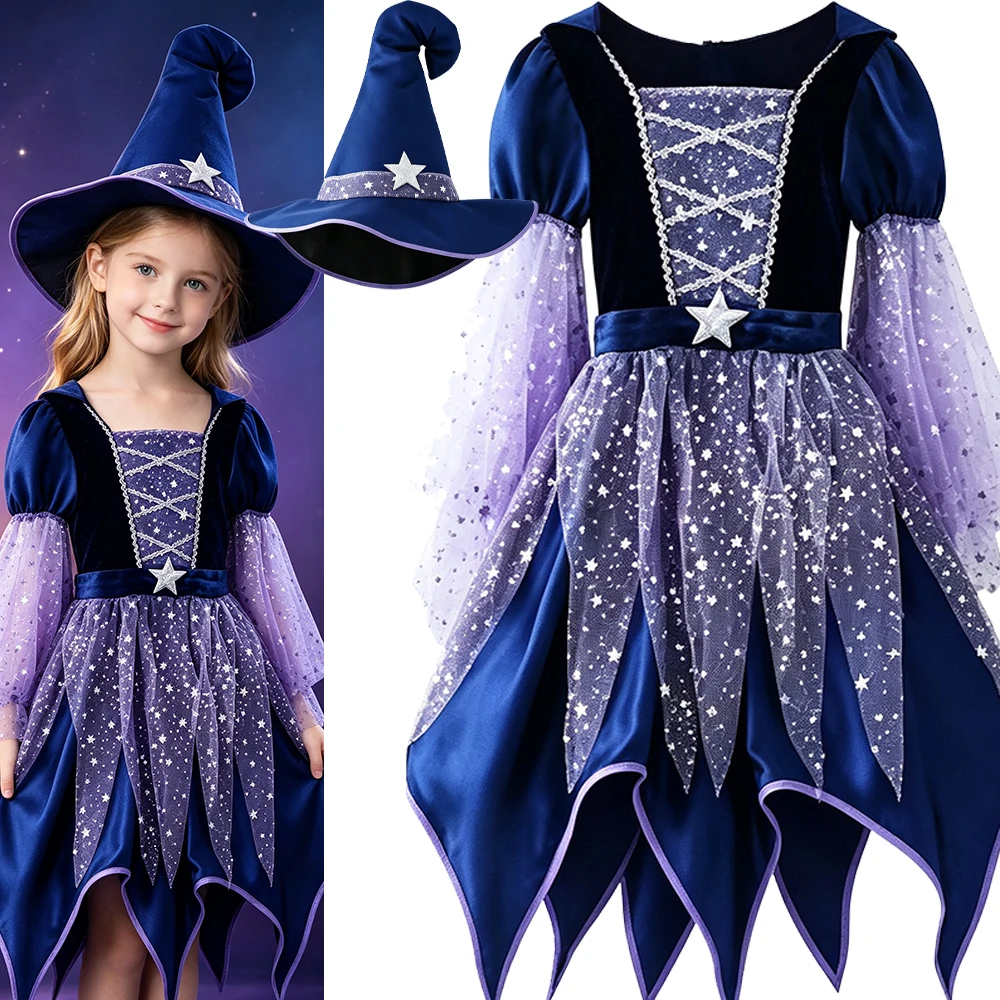 Hexenkostüm-Set für Mädchen, Halloween-Cosplay-Kleid mit Hut, Tasche und Zauberstab, Karneval, Weihnachten, Bühnen-Party-Outfit – Detail 2