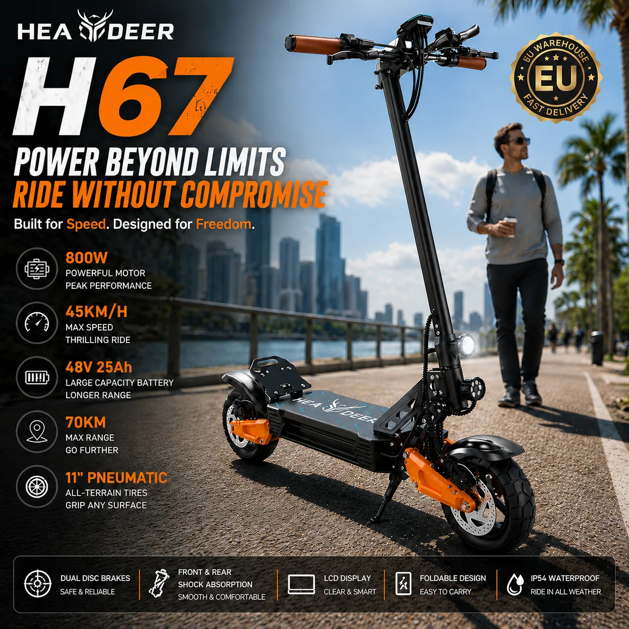HEADEER H67 Pro Scooter électrique pour adultes, batterie 48 V 25 Ah, moteur 800 W, autonomie de 80 km, pneus pneumatiques de 11 pouces, suspension complète, freins à disque doubles + EABS, scooter tout-terrain pliable