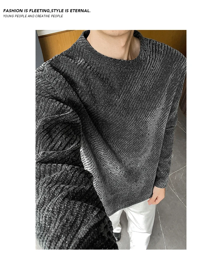 Herren-Sweatshirt mit Rundhalsausschnitt und langen Ärmeln, Jacquard-Stoff mit diagonalen Streifen, locker geschnittener Oversize-Schnitt für den täglichen Herbst-Outfit-Look. – Detail 22