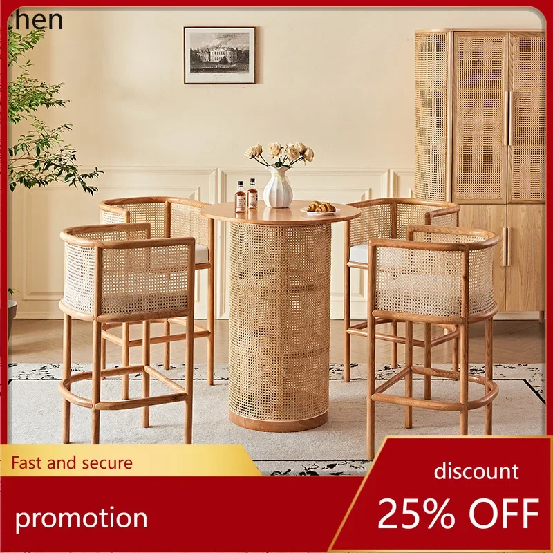 

HXL Solid Wood Bar Chair Simple High Stool Rattan Dining Chair Table
