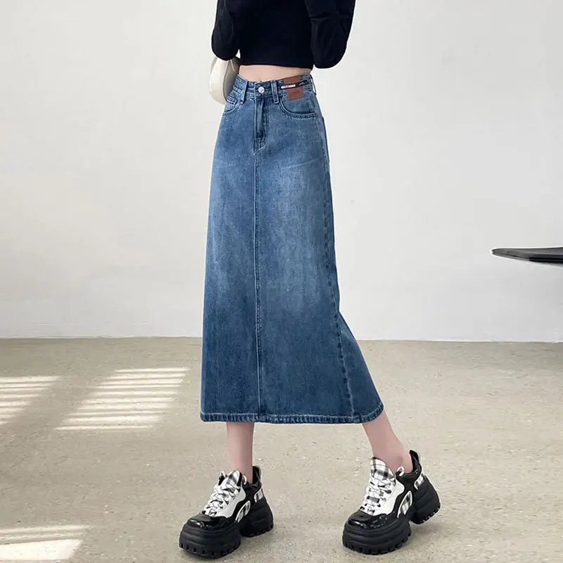 Elegant Women's Vintage Denim Skirt Hip High-waisted A-line Long Dress Y2k Korean Pockets Slit Long Midi Blue Jean Casual Skirts