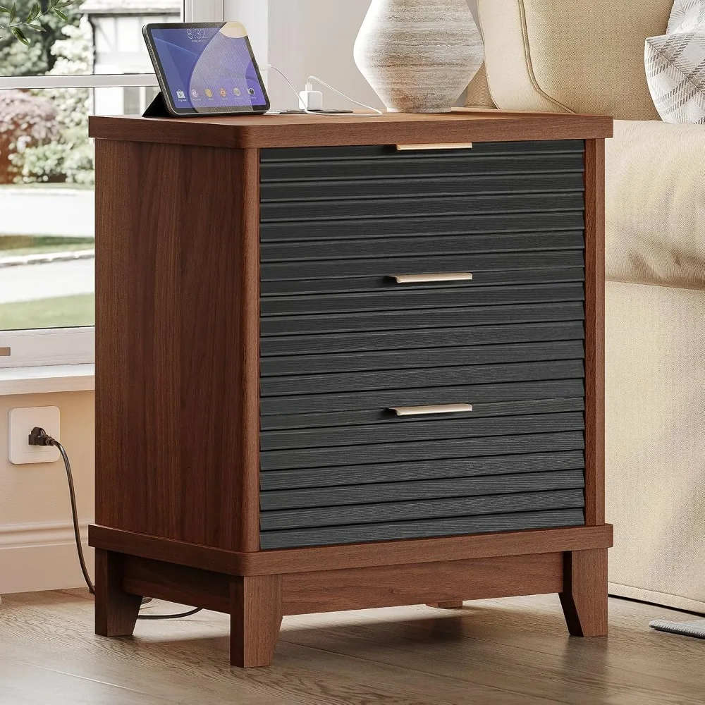 Black Fluted Nightstand with Charging Station and 3 Drawers, Louvered Slant Design Bedside Table