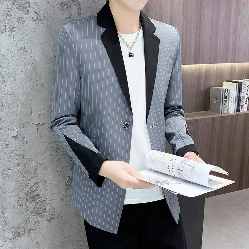 2-A31 Spring thin mid-length windbreaker single suit men's coat color matching personali coat top small suit striped suit