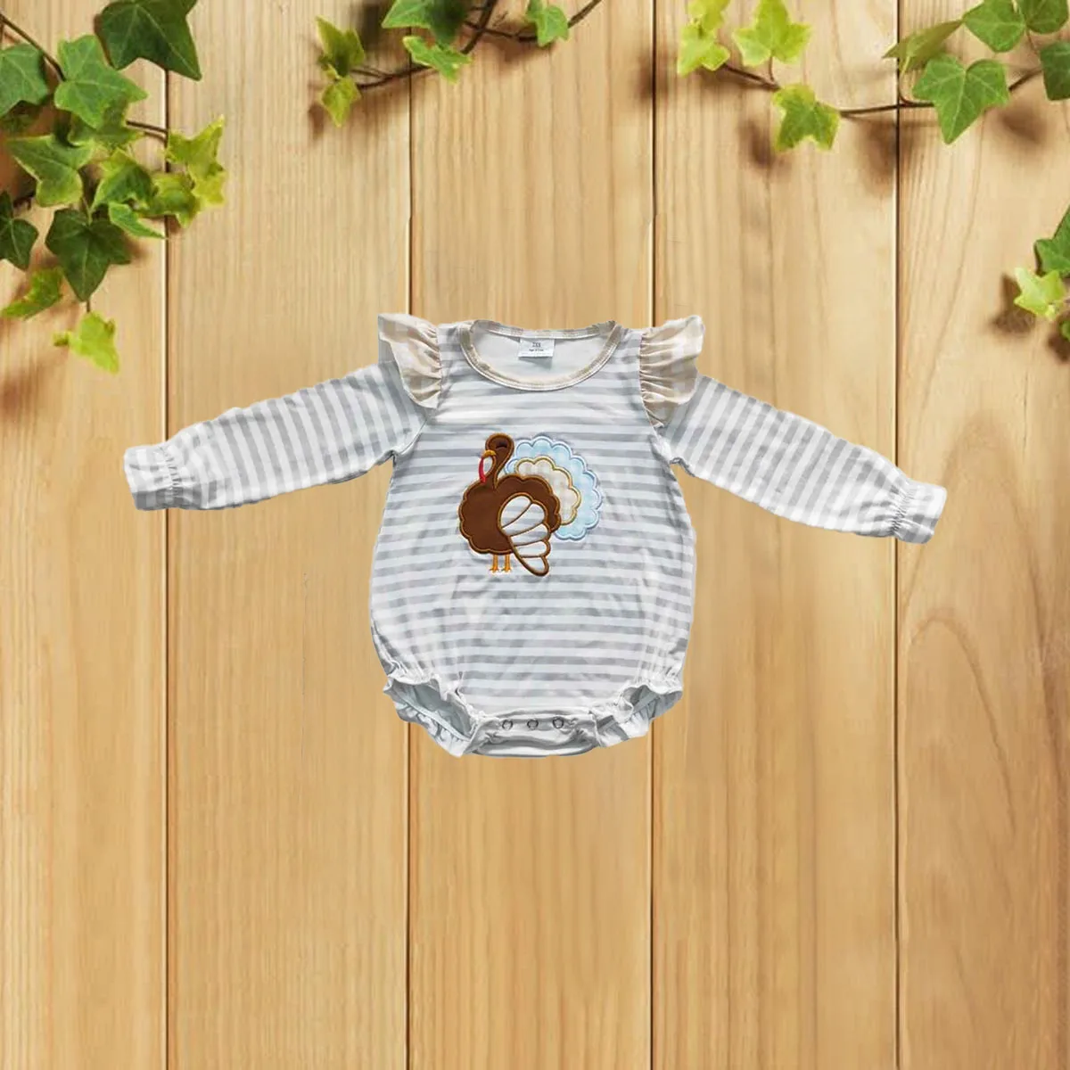 

10.15Embroidered Turkey Long Sleeve Baby Romper Light Green Stripes Yellow Plaid Lace Trimmed Premium Quality Onesie for Infants