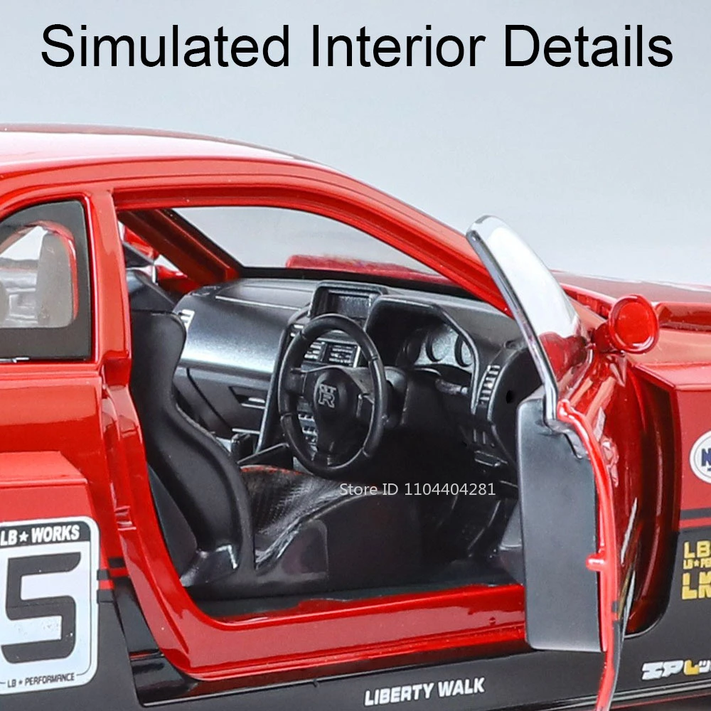 1:24 GTR S15 R34 Auta ze Stopu Metalu Zabawki Odlewane Modele 4 Otwierane Drzwi Dźwięk Światło Napęd Pull Back Miniaturowy Samochód Sportowy Ozdoby do Domu