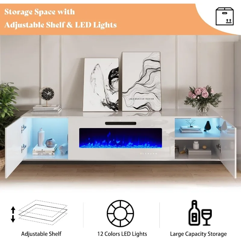 Floating Fireplace TV Stand,Wall Mounted Mirrored Entertainment Center with 40" Electric Fireplace, for TVs Up to 90", All White