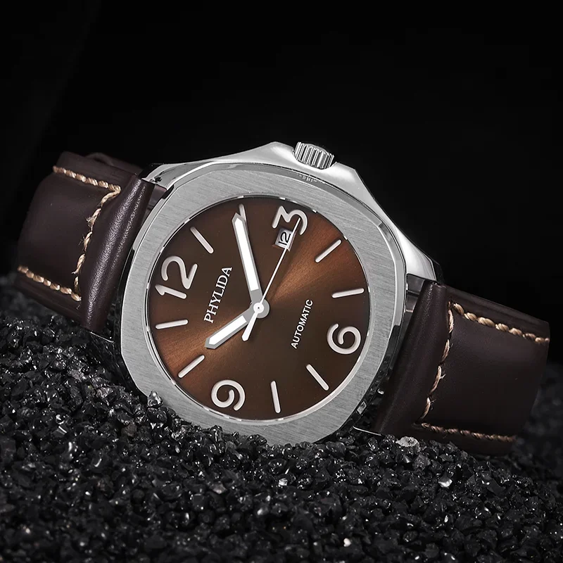 PHYLIDA 40mm Brown Sandwich Dial Mens Watch Custom Wristwatch Miyota Automatic Sapphire Crystal Leather Strap