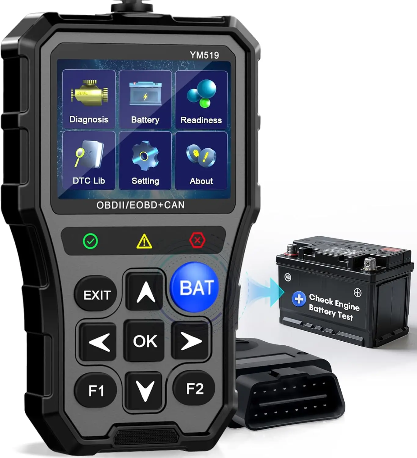 OBD2 Scanner with Battery Tester - Check Engine Light & Emissions Readiness, Plug & Play, Battery Health, Real-Time Date