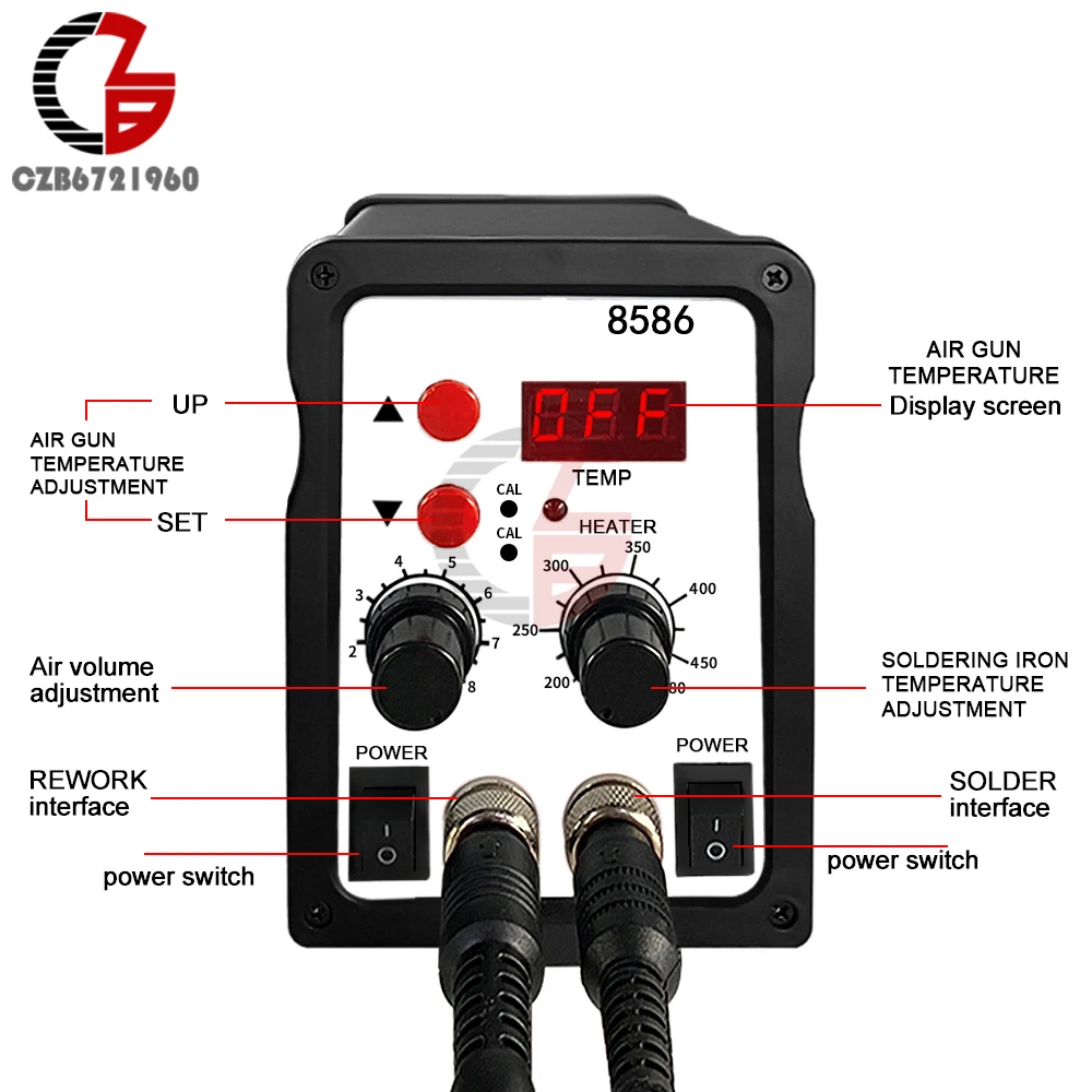 8586 Hot Air Rework Soldering Station with Temperature Control Adjustable Air Volume Digital Display for SMD Soldering 110V 220V