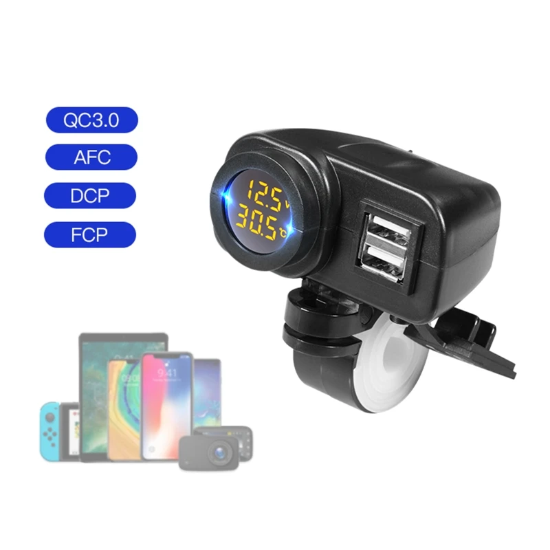 Waterproof Motorcycle 18W QC3.0 Dual USB Temperature Display Voltmeter for Rear View Handlebar Dropship